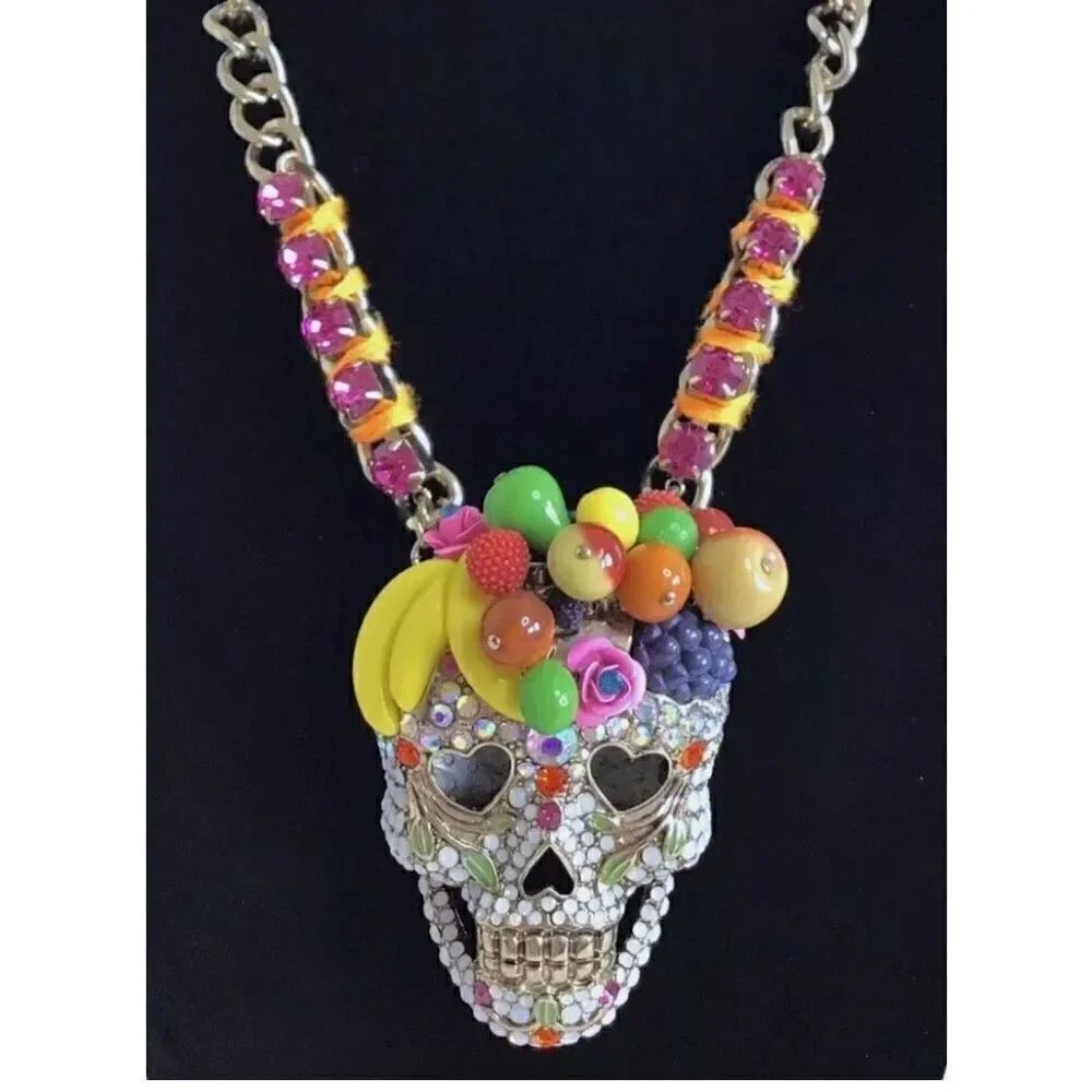 Vintage y2k rare betsey johnson fruit skull pave cosplay glam Statement Necklace